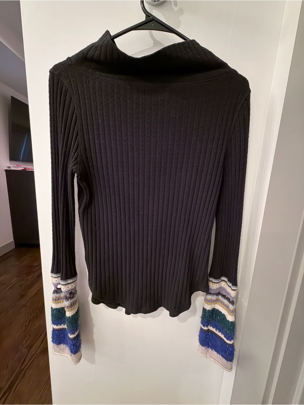 Free People Black Ribbed Turtleneck Top with Multicolor Bell Cuffs